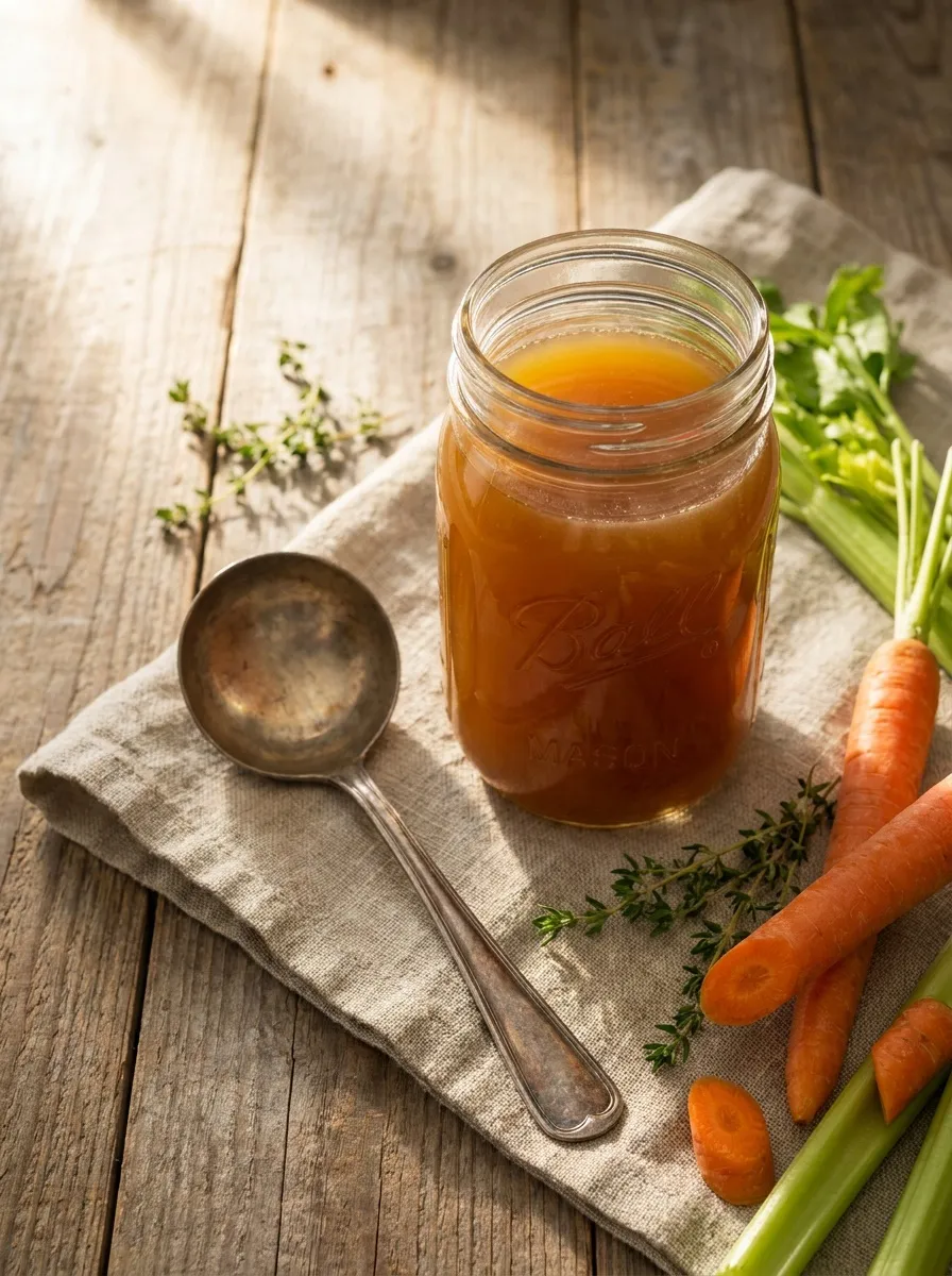 Golden lamb meat stock in a glass jar