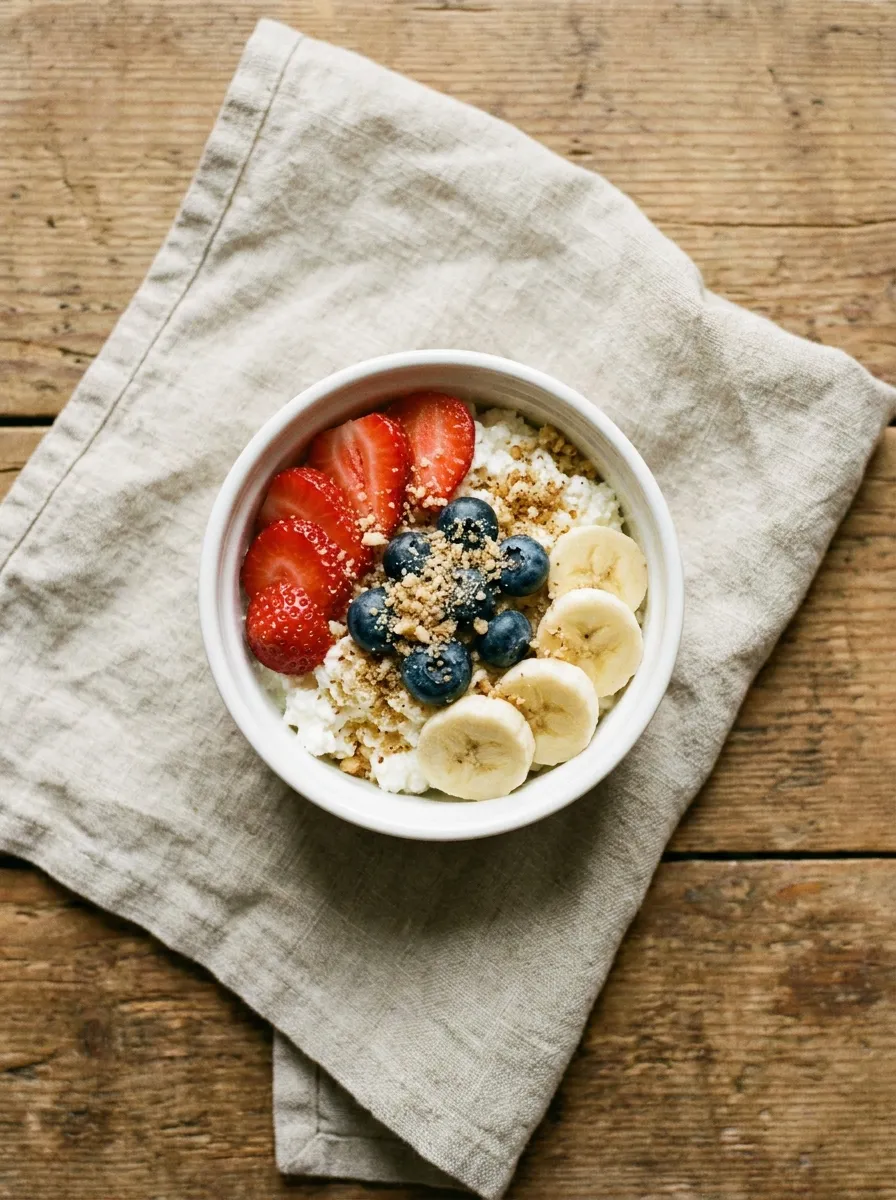 Cottage cheese and fruit bowl with walnuts
