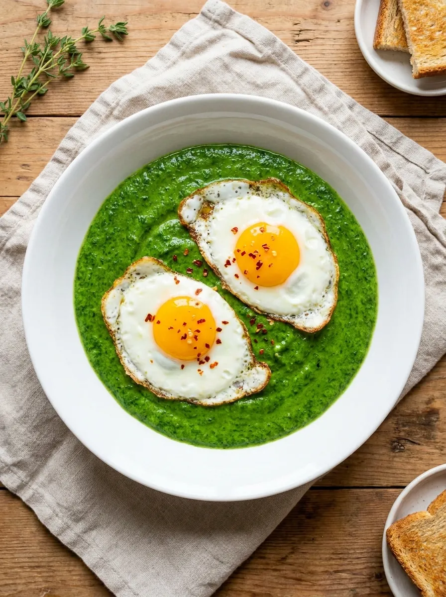 Creamed spinach with fried eggs