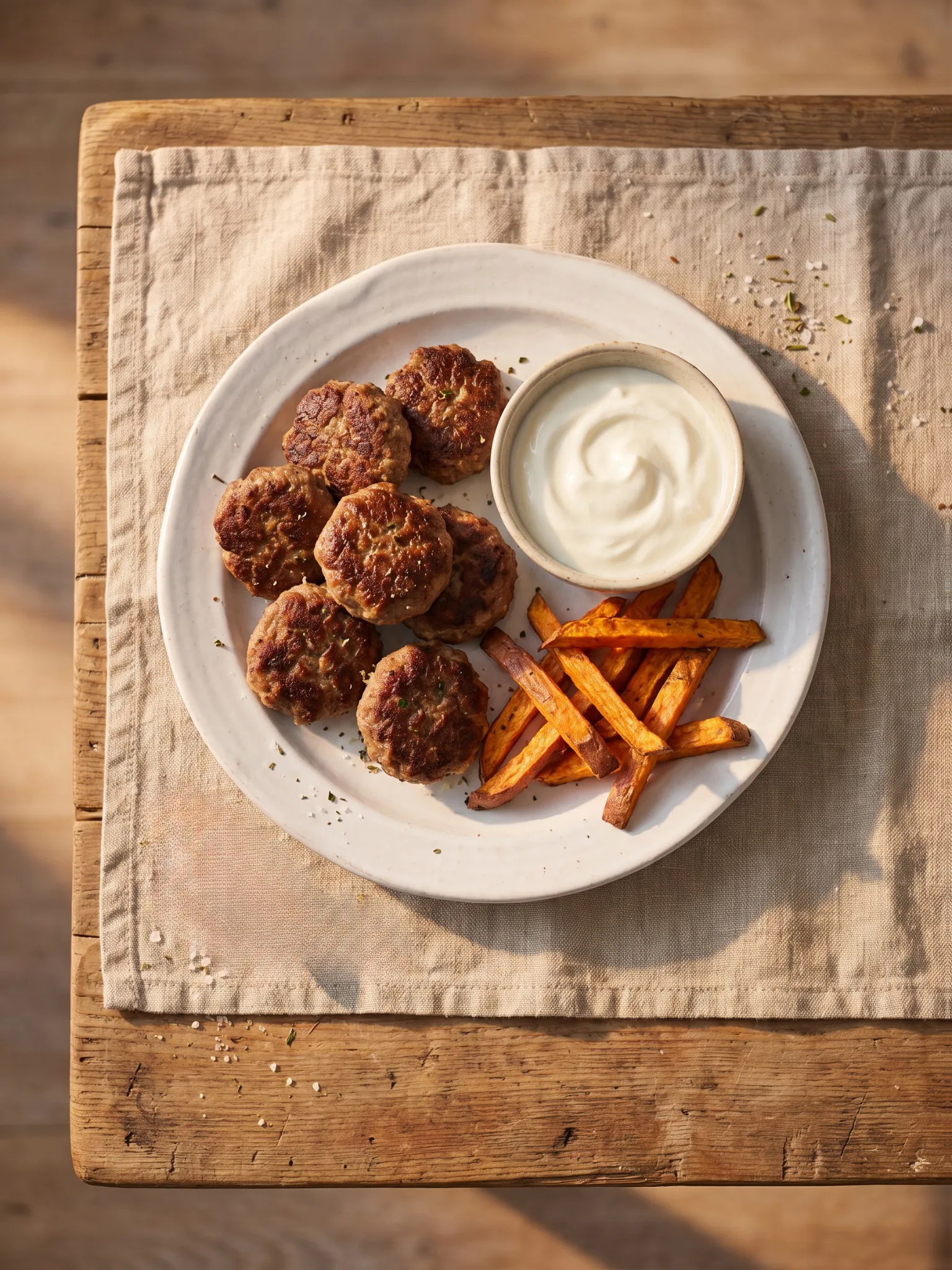 Ground meat patties with sweet potato fries and yogurt dip