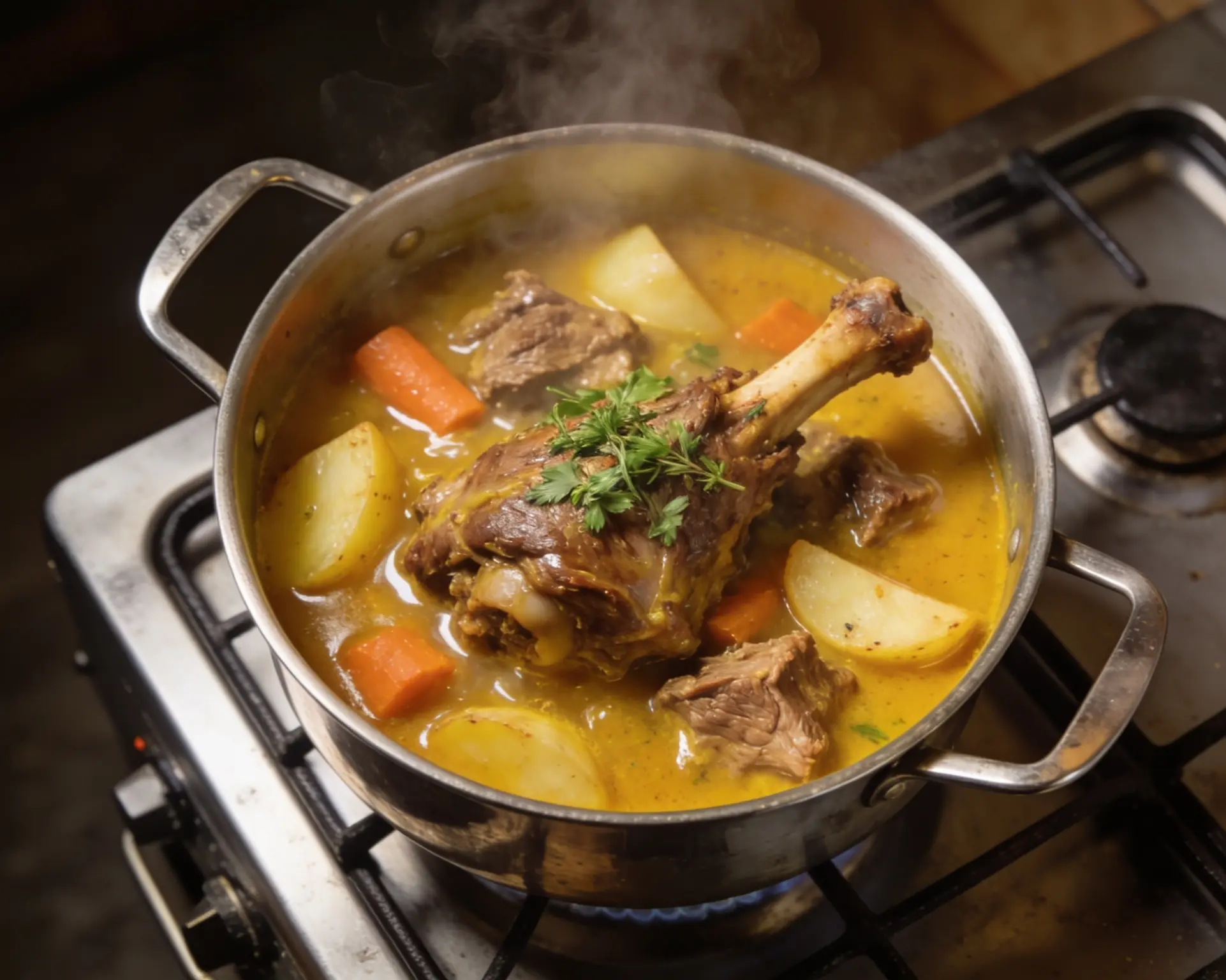 Slow-cooked lamb stew with potato wedges and carrots