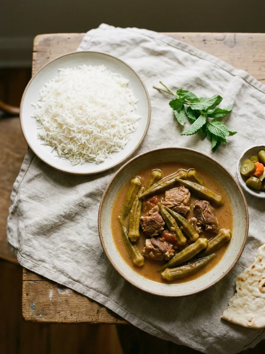Persian okra stew khoresht bamieh over basmati rice