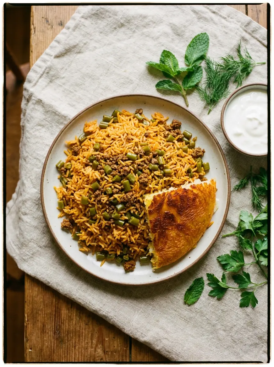 Persian loobia polo green bean rice with beef