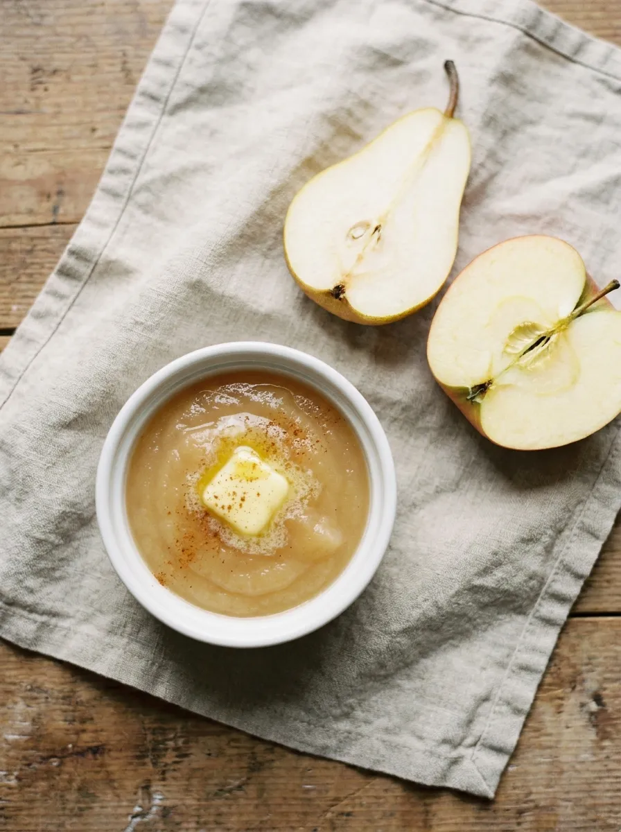 Smooth pear and apple sauce with butter and cinnamon